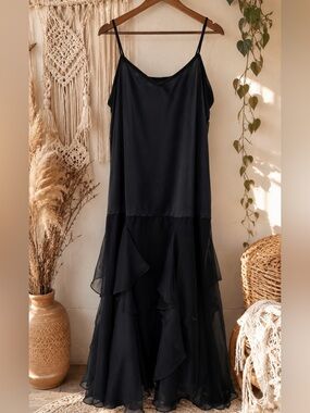 Vintage Lillie Rubin Black Chiffon Ruffle maxi dress ILGWU Union Made 90s Fairy